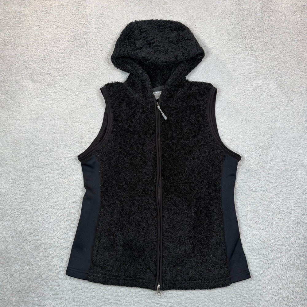 VTG Athleta Womens Black Sherpa Fleece Hooded Full Zip Vest L Made in Canada